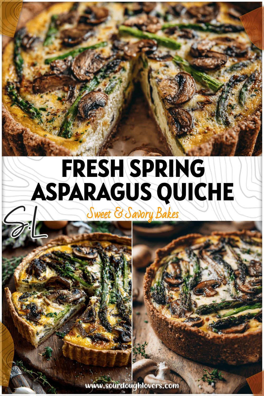 Rustic asparagus and mushroom quiche in a sourdough crust served on a wooden table with herbs.